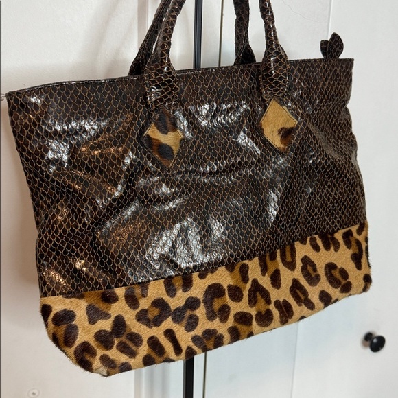 Vintage Leopard Print Leather Tote Bag - Calf Hair - Embossed pattern - brown - Picture 2 of 5